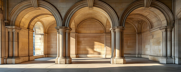 Arched Stone Colonnade Bathed in Warm Sunlight