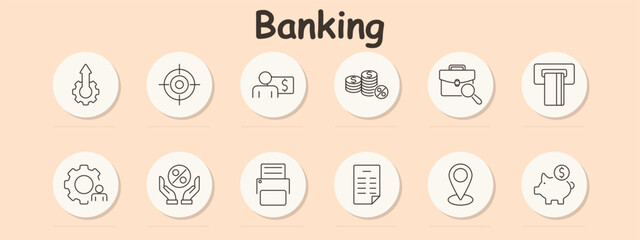 Banking set icon. Arrow, target, person, money stack, percentage, briefcase, ATM, hands, cog, document, location, piggy bank.