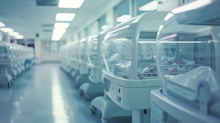 Fototapeta premium A serene and sterile medical facility filled with rows of incubators, each housing tiny newborns in a quiet environment bathed in soft, bright light.