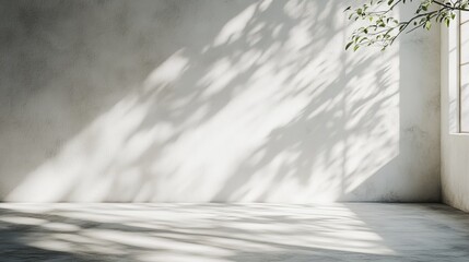 Fototapeta premium Minimal white textured wall with soft sunlight shining, creating a clean and smooth modern contemporary look. Perfect for minimalist interior design concepts, emphasizing simplicity and natural light.