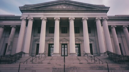 Fototapeta premium A grand neoclassical building with tall, majestic columns and a series of steps leading up to an elegant entrance, exuding authority and tradition.