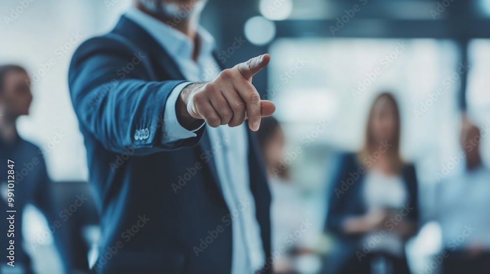 Poster business meeting interaction with a presenter pointing towards an audience in a modern office settin