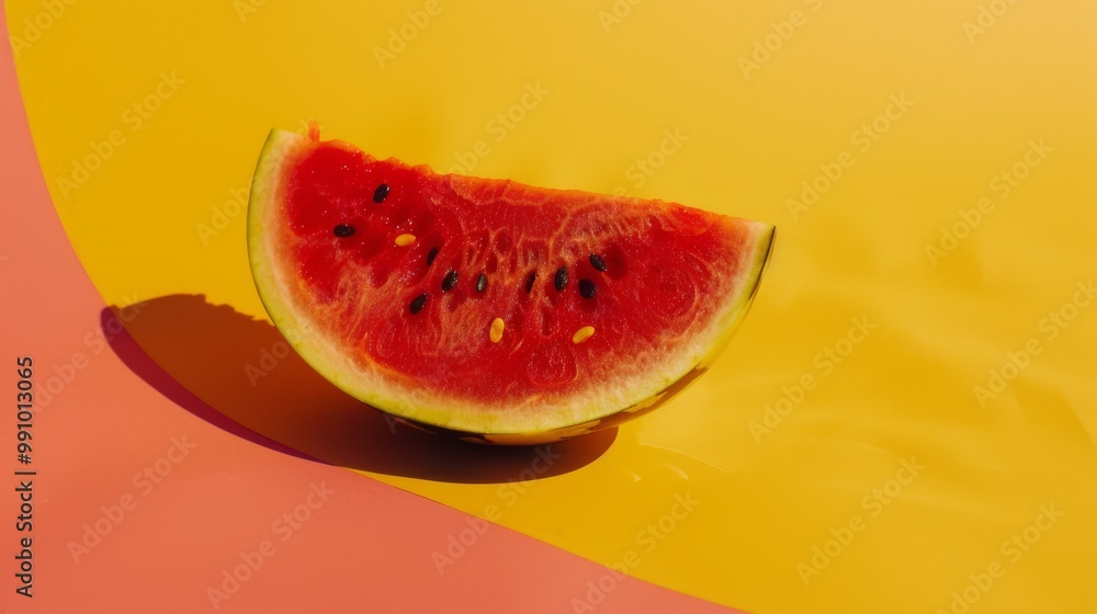 Sticker A vibrant slice of juicy watermelon sits against a colorful, pastel background, evoking refreshing summer vibes and the joy of savoring seasonal fruits.