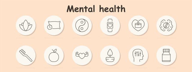 Mental health set icon. Lotus, sleep, yin-yang, smartwatch with heart, wellness kit, brain with yin-yang, toothbrush, apple, heart with muscles, candle, head with circuits, medicine bottle.