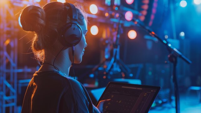 A focused woman with headphones and a tablet orchestrates the lighting and sound in a vibrant backstage control room, capturing the behind-the-scenes energy.