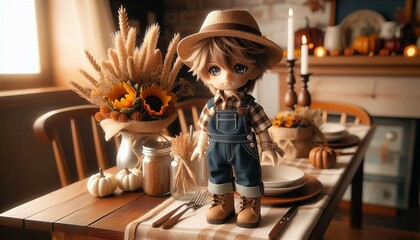 Charming doll dressed in autumn country style decorates a rustic dining table with sunflowers, pumpkins, and candles, embodying cozy autumn vibes and country charm.

