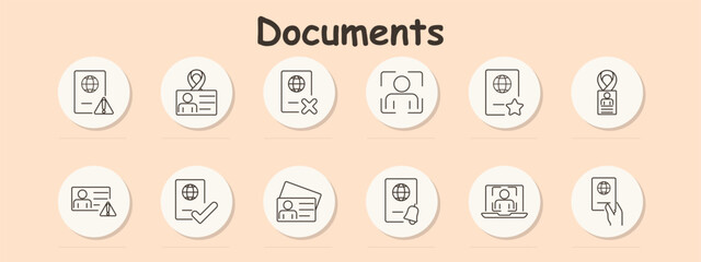 Documents set icon. ID card, verification, time, rejection, approval, scan, photo ID, security, access card, personal credentials, identification, authorized access, document management