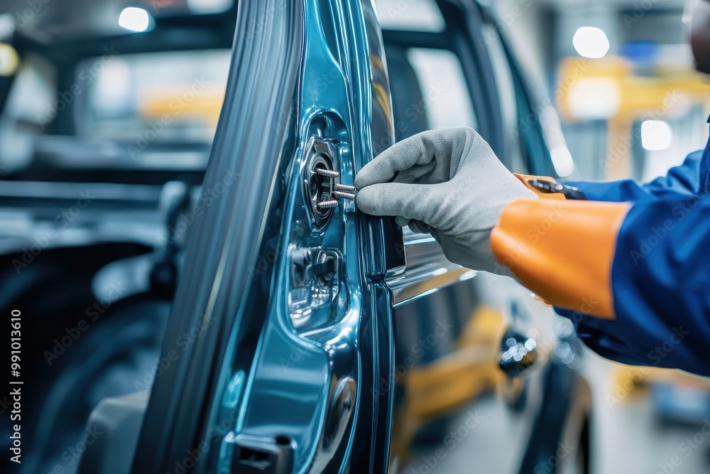 Poster a worker installing a door latch in a vehicle during the manufacturing process.