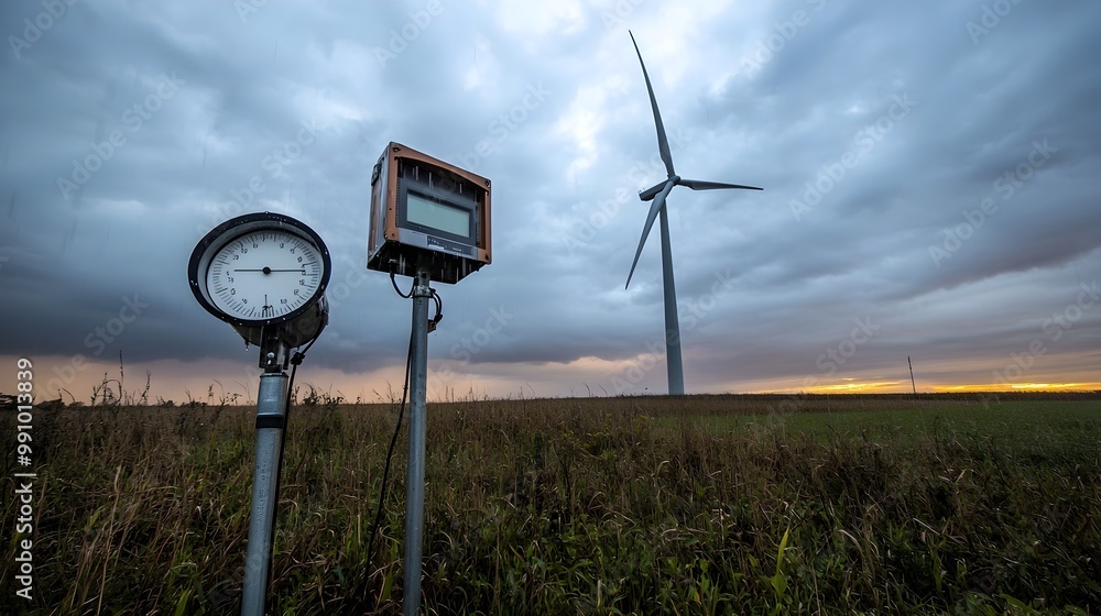 Poster rain gauge and wind energy meter in a cloudy field capturing weather data
