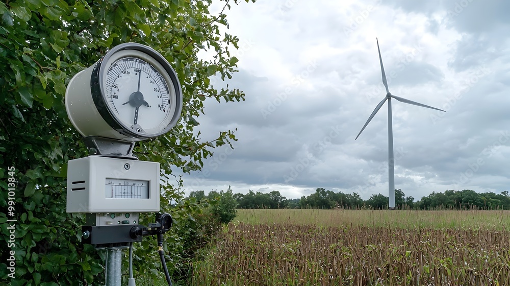 Poster rain gauge and wind energy meter in a cloudy field capturing weather data for renewable focus