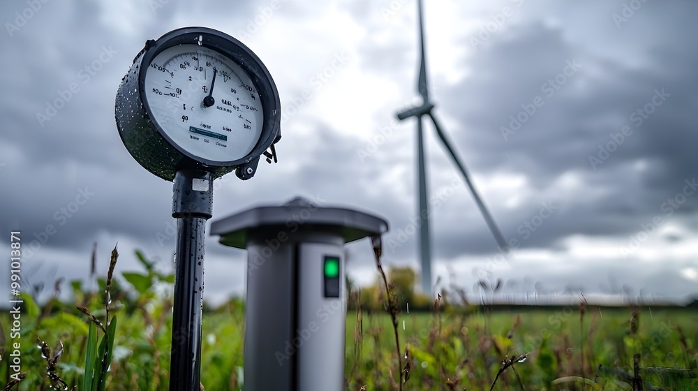 Poster rain gauge and wind energy meter in field under cloudy sky for weather data collection and