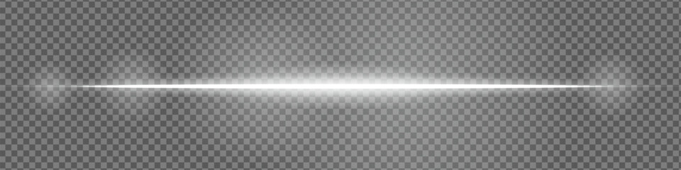 Glowing white laser beam horizontally across a dark transparent background, creating a futuristic and high-tech visual effect. Neon flare, laser lines of light. On a transparent background.