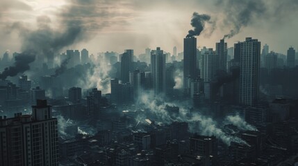 Fototapeta premium A sprawling cityscape cloaked in a haze of smoke and fog, illustrating an eerie, apocalyptic urban scene under a muted, grayish sky.