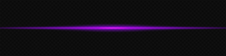 Glowing purple laser beam horizontally across a dark transparent background, creating a futuristic and high-tech visual effect. Neon flare, laser lines of light. On a transparent background.