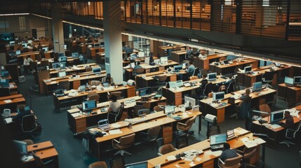 A vast open office space with numerous interconnected workstations and a hive of employee activity, demonstrating a bustling corporate environment.