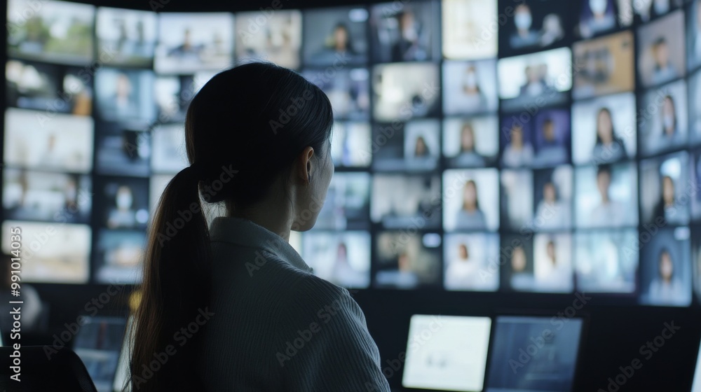 Poster a woman monitors multiple screens displaying virtual meetings in a modern control room during an eve