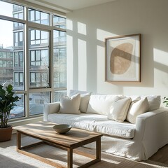 Obraz premium A Scandinavian mid-century modern interior photo of a living room with a large window and a sofa art frame hanging from it. Generative AI 