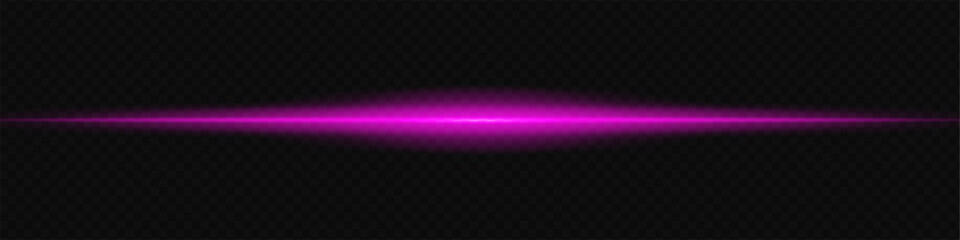 Glowing purple laser beam horizontally across a dark transparent background, creating a futuristic and high-tech visual effect. Neon flare, laser lines of light. On a transparent background.