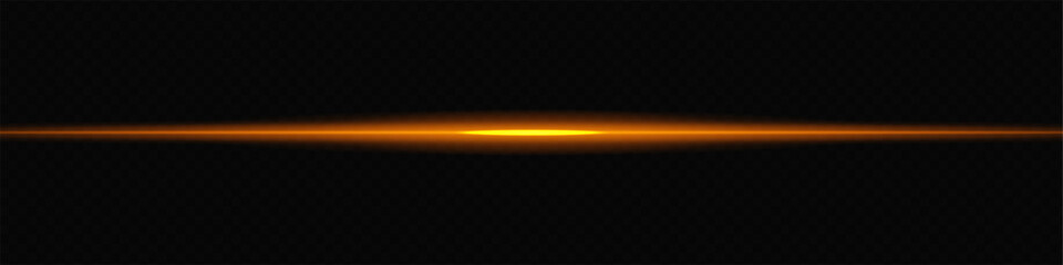 Glowing golden orange laser beam horizontally across a dark transparent background, creating a futuristic and high-tech visual effect. Neon flare, laser lines of light. On a transparent background.