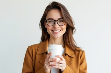 A young girl stands with a paper cup for takeaway coffee drinks or tea on a white background. Place for text