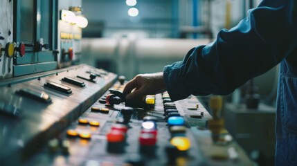 An operator managing a well-lit control panel with multiple switches and indicators, emphasizing skilled industrial operations and systematic control.