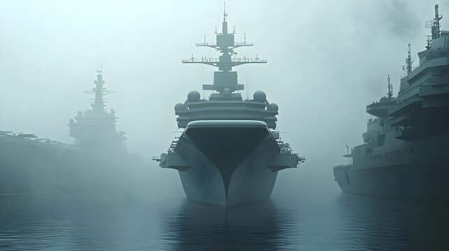 Naval ships in misty harbor with foggy background