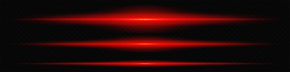 Glowing red laser beam horizontally across a dark transparent background, creating a futuristic and high-tech visual effect. Neon flare, laser lines of light. On a transparent background.