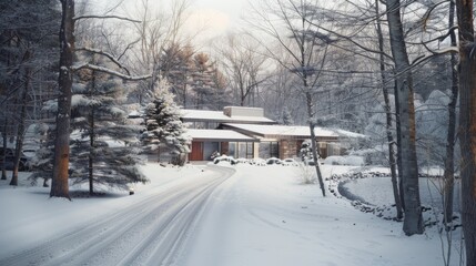 Obraz premium A modern house, warmly lit in the evening, sits surrounded by a snowy forest, creating a serene winter scene.