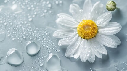 cosmetic gel or serum with chamomile flowers on a gray background.