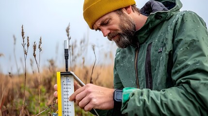 Professional Meteorologist Calibrating Rain Gauge for Precise Weather Data Collection in the Field