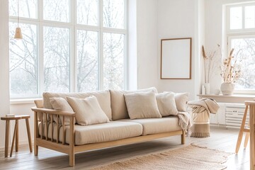 Photographed a modern residential living room designed with a combination of mid-century modern interiors and Scandinavian interiors. Generative AI
