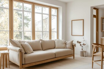Photographed a modern residential living room designed with a combination of mid-century modern interiors and Scandinavian interiors. Generative AI
