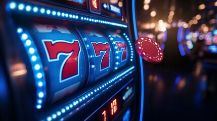 A blue slot machine with three reels, spinning and glowing in the dark background. The numbers on each side of it show "7". 
