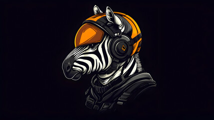 A stylized zebra wearing a headset and helmet, showcasing a fusion of nature and technology against a dark backdrop.