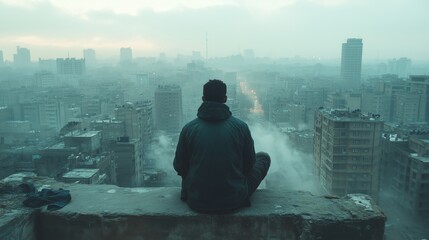 A cinematic shot of an Arab man sitting on the edge, looking over his city, the buildings creating a dystopian landscape