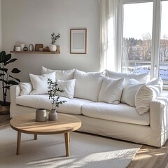 Scandinavian mid-century modern interior living room with white-walled walls and a sofa and wooden table. Generative AI
