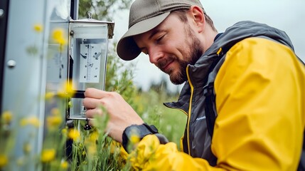 Meteorologist Calibrating Rain Gauge in the Field with Scientific Equipment