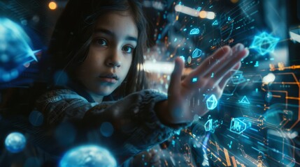 Fototapeta premium A young girl interacts with mesmerizing digital holograms, captivated by the display of futuristic technology glowing with blue light.