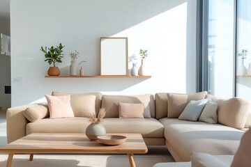 Fototapeta premium Scandinavian Mid-Century Modern Interior Photo from Living Room With Scandinavian Decorations on Wood Shelves. Generative AI 