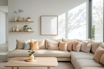 Fototapeta premium Scandinavian Mid-Century Modern Interior Photo from Living Room With Scandinavian Decorations on Wood Shelves. Generative AI 