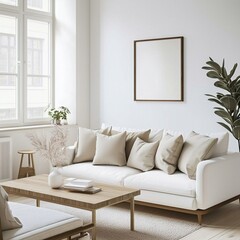 Scandinavian mid-century modern interior living room with white-walled walls and a sofa and wooden table. Generative AI
