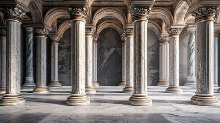 Fototapeta premium 3D representation of imposing, classic marble columns arranged in varied architectural styles