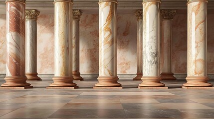 3D representation of imposing, classic marble columns arranged in varied architectural styles