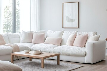 Fototapeta premium Scandinavian mid-century modern interior living room with white-walled walls and a sofa and wooden table. Generative AI 