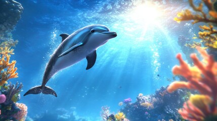 Fototapeta premium Playful Dolphin Swimming in Clear Ocean Water