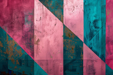 Bold geometric pattern with pink and teal triangles on a textured background. The contrasting colors and shapes create a vibrant, modern design suitable for contemporary, creative projects