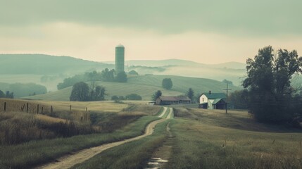 Fototapeta premium A serene rural landscape with a winding dirt road leading to a distant silo, farmhouse, and misty hills under a soft, gray sky.