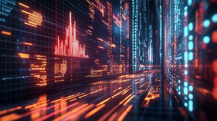 Abstract digital flow chart or structure with interconnected blocks and lines on a blurred background of an office space, representing data science technology in a business concept