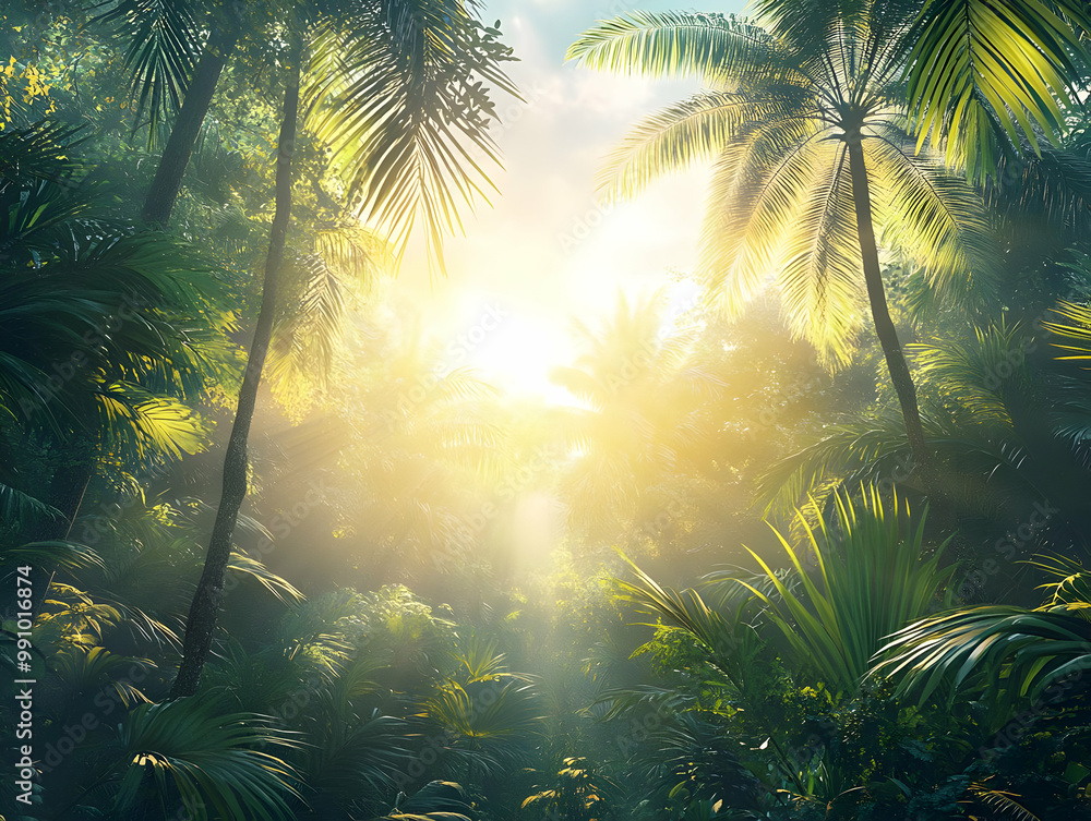 Poster lush tropical forest scene with sunlight filtering through dense foliage creating a serene atmospher