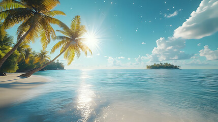 Fototapeta premium Tropical beach with palm trees and sparkling water under a sunny sky, perfect for relaxation and vacation vibes.
